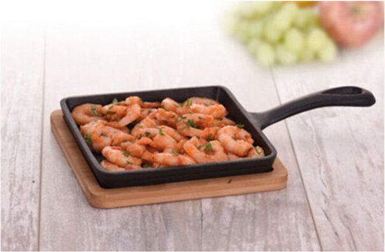 Excellent Houseware Serveerpannetje met plank - gietijzer - bamboe hout - 14 cm