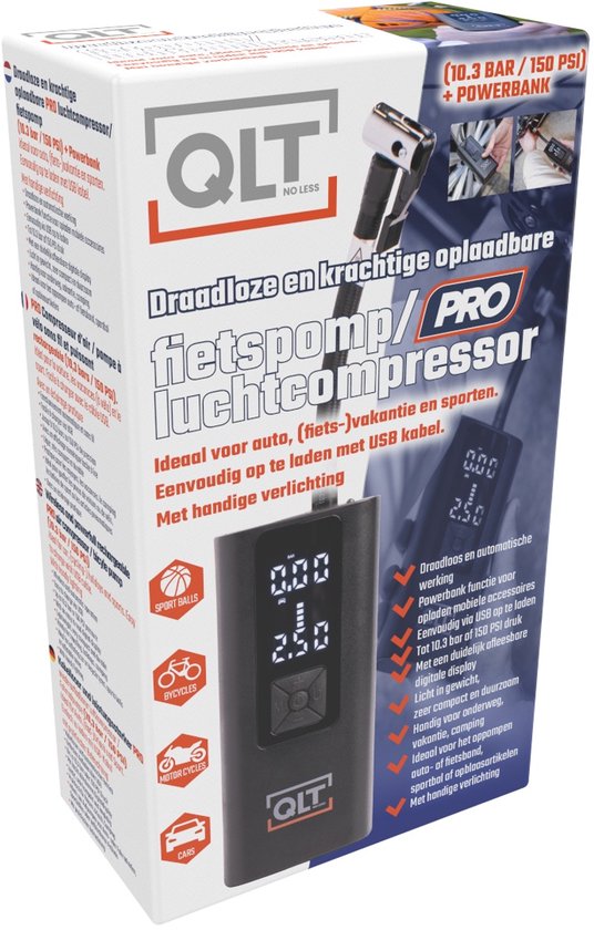 QLT Draagbare Compressor Bandenpomp – Draadloze Luchtcompressor - Elektrische Fietspomp - Ballenpomp - Extra Krachtig - Fiets tot Camper