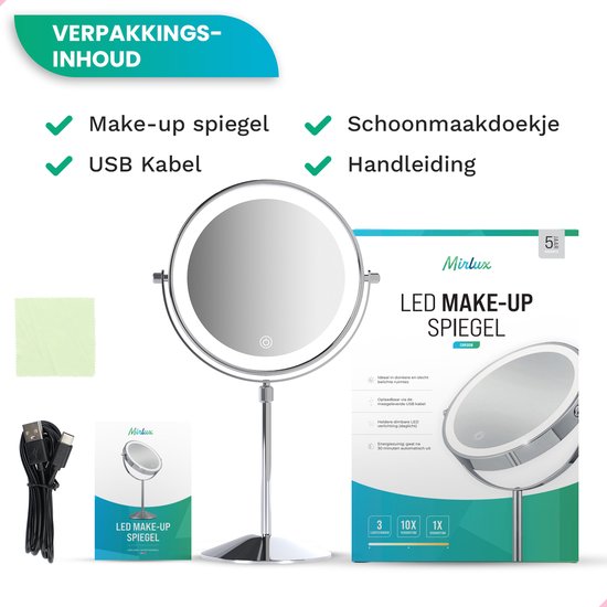 Mirlux Luxe Make-upspiegel met LED-verlichting - 10x Vergroting - Verstelbaar & Oplaadbaar - 3 Lichtstanden - Chroom - Make-upspiegel - Spiegel met LED-licht