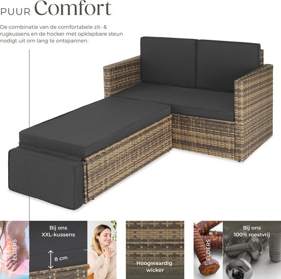 tectake® Wicker loungebank - Met voetenbank - Voor 2 personen - Loungebank met zit- en rugkussens - Weerbestendig - Ideaal voor terras, serren en balkon - Afmeting bank (LxBxH) 119 x 64,5 x 71,5 cm - Natuur