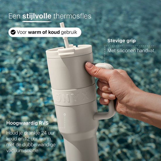 ONYX Drinkfles met Rietje 1 Liter - Waterfles voor Kinderen & Volwassenen - Thermosbeker RVS Travel Mug - Motiverende Drinkbus - Drinkbeker voor School - Coco White
