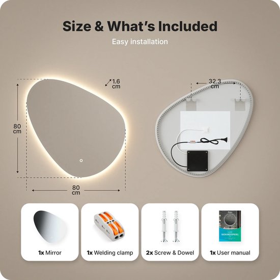 Mirlux Badkamerspiegel met LED Verlichting & Verwarming – Wandspiegel Asymmetrisch – Anti Condens Douchespiegel - 80CM