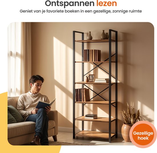 Goliving Boekenkast - 66 x 30 x 186 cm - 6 Lagen - Opbergkast - Wandkast - Boekenrek - Vitrinekast - Stellingkast - Woonkamer Kast - Industrieel - Bruin/Zwart