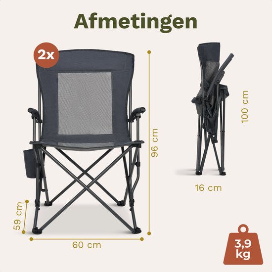 TRVLMORE Campingstoelen - Opvouwbaar - 2-Pack - 120KG Draagvermogen - Incl. Draagtas - Klapstoel - Visstoel - Kampeerstoel - Vouwstoel - Grijs