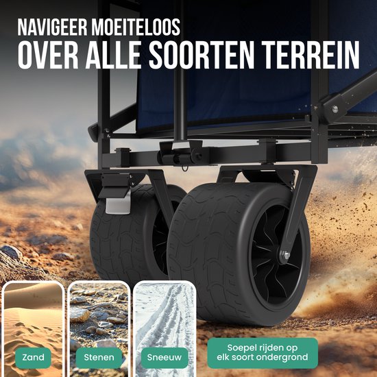 Avalo Bolderkar Met Dak XL Opvouwbaar - Tot 110KG Draagvermogen - 120L - 97x60x105 CM - 360º Wielen - Bolderwagen / Bolderkarren / Strandkar / Trekkar / Plooibare Bolderkar - Voor Strand - Blauw