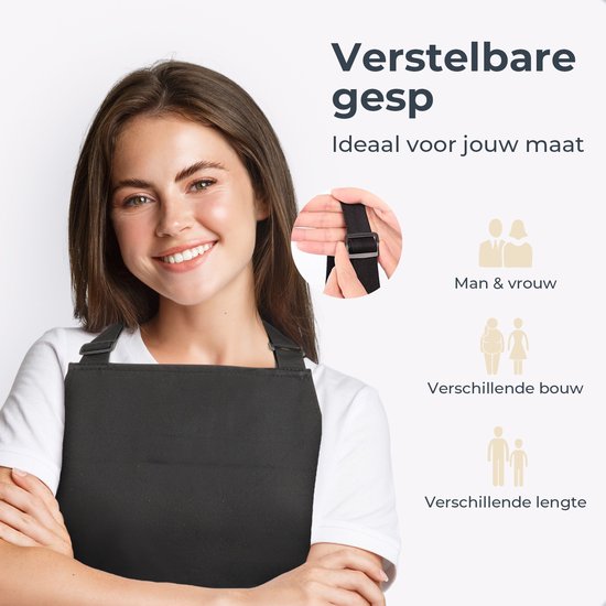 Keukenschort - Water- en vuilafstotend - Professioneel Kookschort - Schort voor Dames en Heren - Horeca Sloof - Unisex - Verstelbare Gesp - Extra Grote Vakken - Zwart