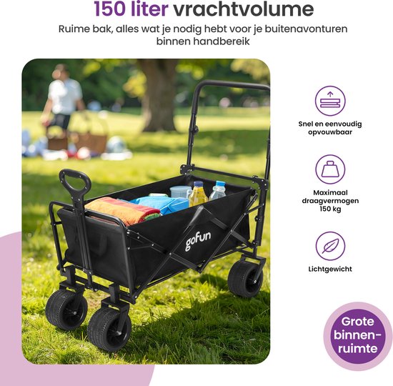 Gofun Bolderkar XXL - 150KG Draagvermogen - 150L Inhoud - Opvouwbaar - 360° Draaibare Wielen - Bolderwagen Met Duwstang - 83 x 44 x 26 cm - Zwart