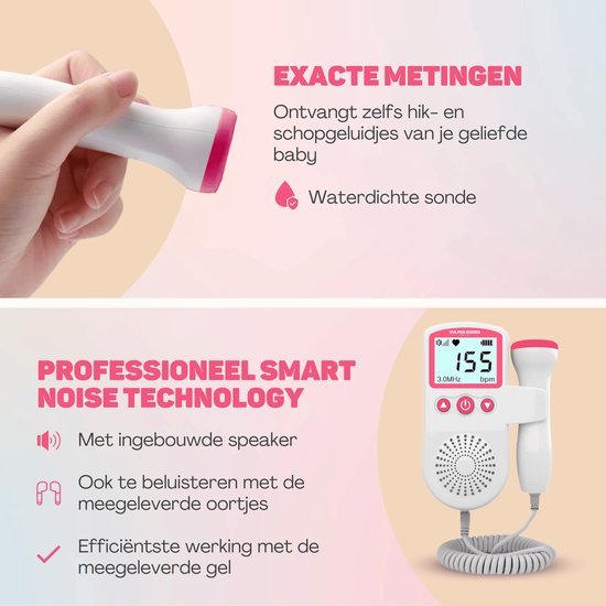 Vulpes Goods® BabyCare - Doppler Baby PRO - Baby Hartje Monitor - Fetal Doppler - Hartslag Baby Doppler - Echo Apparaat -Zwangerschapscadeau - Roze - Incl. ultrasound gel en oordopjes