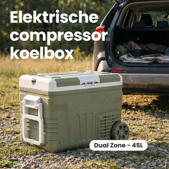 Auronic Elektrische Koelbox - Compressor - 2 Zones - 45L - 12/24V en 240V - Koelen en Vriezen - Camping Koelkast - Frigobox Auto - Met Wielen en Hendel - Groen