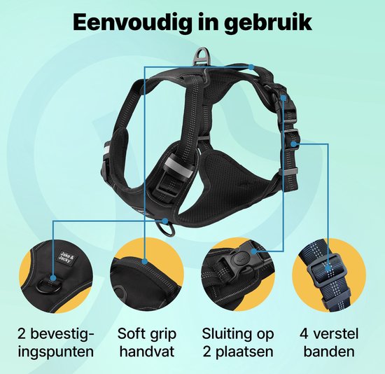 Jake en Jacky Hondentuigje - Anti-Trek Tuig - Hondenharnas - Y Tuig Hond - Reflecterend - Zwart - Maat M