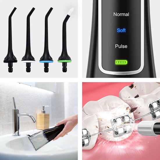 Auronic Waterflosser - Monddouche Elektrisch - 3 Standen - Draadloos en Oplaadbaar - 300 ml - 4 Opzetstukjes - Zwart
