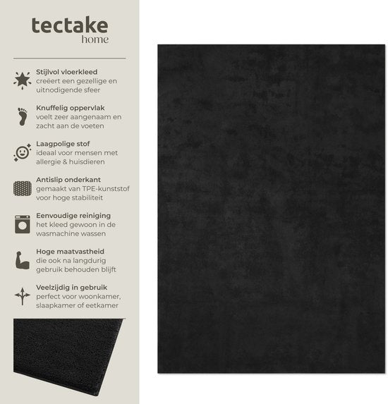 tectake® Kortpolig Vloerkleed - 160 x 230 cm - Zwart - 1630 g/m² Poolgewicht - Tapijt voor Woonkamer, Slaapkamer, Eetkamer - Onderhoudsvriendelijk en Wasbaar - Antislip Ondertapijt - Allergievriendelijk - Diverse maten en kleuren