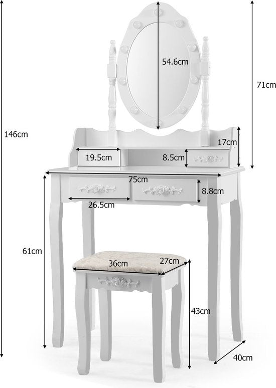 Coast Klassieke Kaptafel met Krukje - LED Lampen - Make up Tafel - 75 x 40 x 146cm - Wit