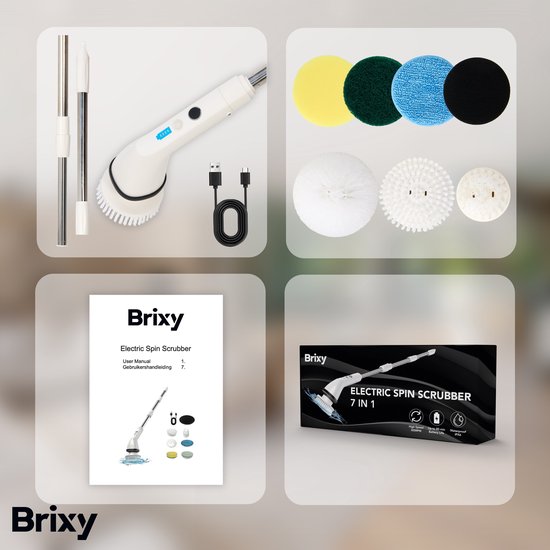 Brixy Elektrische Schoonmaakborstel - Uitschuifbare Schrobborstel - Draadloos - 8 Opzetstukken - Schrobber - Wit