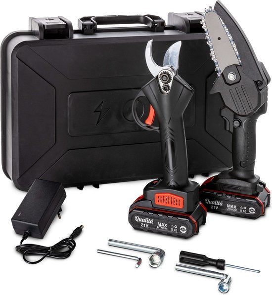 Qualitá® Elektrische Snoeischaar - 2 in 1 Mini Kettingzaag - Bloemenschaar, Takkenschaar, Heggenschaar Elektrisch - 2 Accu's met Acculader - Incl. Opbergbox Tuin gereedschap