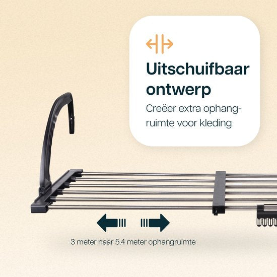 Duna Droogrek Hangend - Uitschuifbaar tot 5,4m - Wasrek - Radiator - Met Sokkenrekje - Zwart