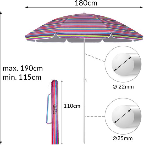 Kingsleeve Parasol 180cm - UV-bescherming 50+ Kantelbaar - Kleurrijk