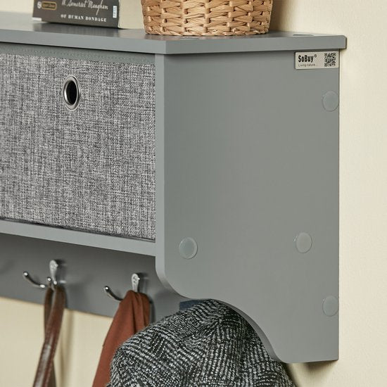 SoBuy FRG282-HG-FSC Wandkapstok - Grijze Wandplank met Manden & Haken