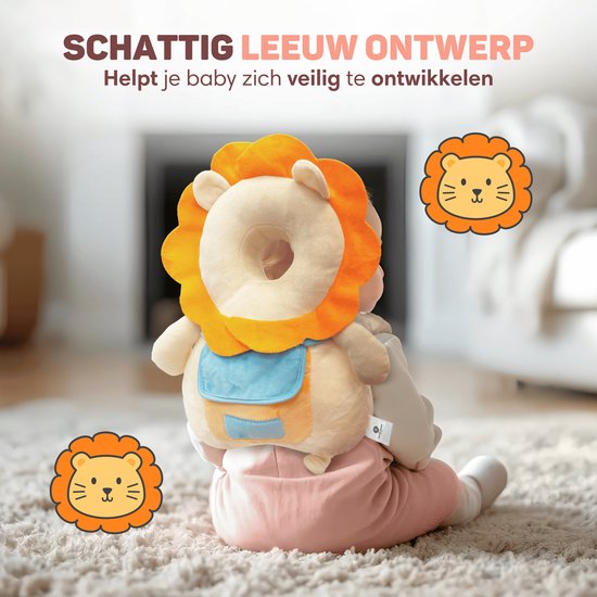 Vulpes Goods® BabyCare - Baby Hoofdbeschermer - Baby Valkussen - Baby Veiligheidskussen - Valrugzak - 3D Ademend - Veilig leren lopen - Leeuw