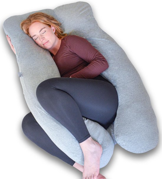 EL-Life Zwangerschapskussen XXL U-Vorm - Zijslaapkussen - Lichaamskussen - Voedingskussen - Body Pillow - 140x80cm - Afneembare Jersey Katoenen Hoes, Lichtgrijs