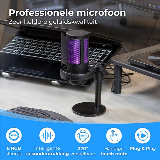 Nuvance - USB Microfoon met Standaard - voor PC en Gaming Microfoon - met Ruisfilter - Inclusief USB-C Converter - Streaming Microfoon - RGB
