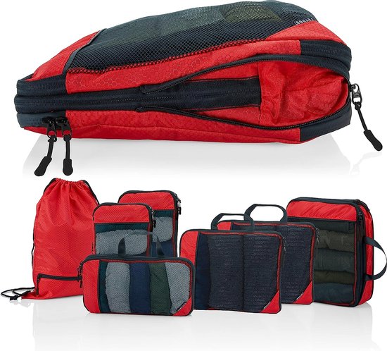 Packing Cubes met compressie voor koffer en rugzak incl. pakzak, Sunset Blaze - Rood