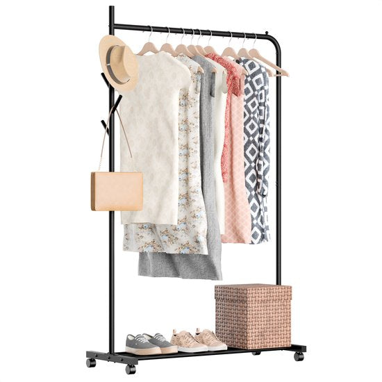 Avalo Kledingrek op Wieltjes Zwart - Metaal - 100x40x156 - Opbergruimte Voor Schoenen