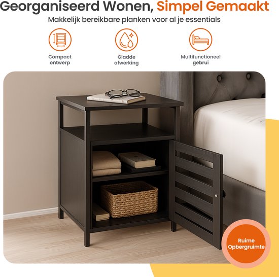 Goliving Nachtkastje - 40 x 40 x 60 cm - Opbergkastje met Deur en Planken - Hout - Industrieel - Bijzettafel Modern - Zwart