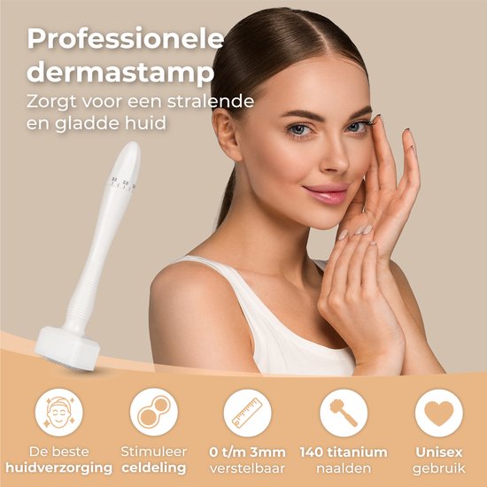 Nuvance - Dermastamp - Verstelbaar tussen 0,1mm en 3mm - Derma Stamp - 140 Naalden - Microneedling - Dermaroller - voor Huidverzorging, Haargroei en Baardgroei