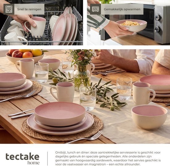 tectake® Serviesset Mare - 30-delig - Aardewerk met Glanzend Glazuur - 6 Persoons - Handgemaakt Servies - Moderne Bordenset met Grote en Kleine Borden, Kommen, Schaaltjes en Kopjes - Vaatwasser- en Magnetronbestendig - Roze