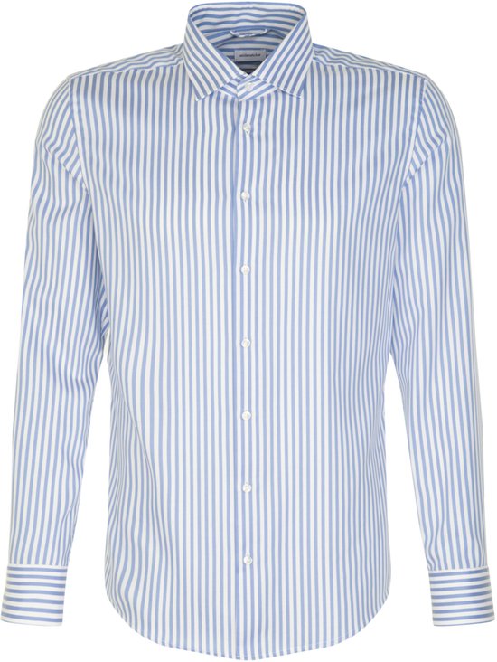 Seidensticker slim fit overhemd - mouwlengte 7 - popeline - blauw gestreept - Strijkvrij - Boordmaat: 41