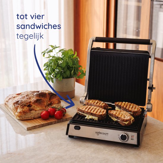 Safecourt Kitchen Tosti apparaat – Paninigrill en Tosti ijzer – Uitneembare PFAS-vrije platen & vaatwasserbestendig – Groot grilloppervlak – snel warm (2000W) – Contactgrill