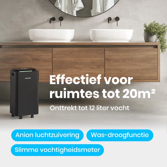 Auronic Luchtontvochtiger en Luchtreiniger - Pro Series - 12L per dag - Was-droog functie - Slaapkamer, Badkamer en Woonkamer - Vochtvreter voor in Huis - Zwart