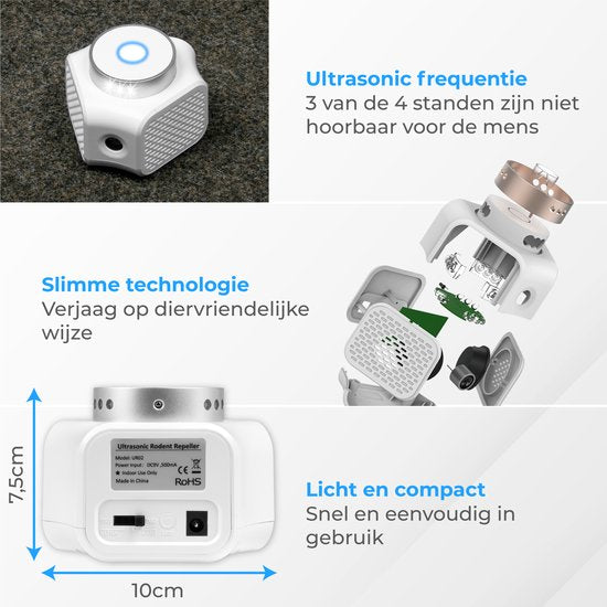 Nuvance - Muizenverjager - Ultrasone Verjagers - Ratten Verjager - 360 Graden & 4 Modi - Ongedierte Verjager met Ultrasone - Muizen Bestrijding - Wit