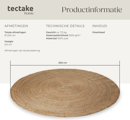 tectake® Handgeweven tapijt - Duurzaam en onderhoudsvriendelijk vloerkleed - Rond - Jute naturel - Verkrijgbaar in verschillende maten - Natuurlijk - Ø 200 cm