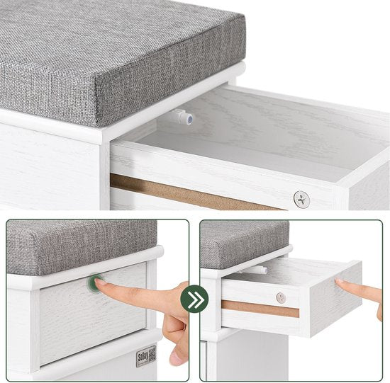 SoBuy FSR82-L-WG Schoenenkast entreebank – schoenenbank met toiletzitting en schoenenopbergkussen voor hal, woonkamer 75 x 24 x 51 cm, capaciteit 180 kg, wit antiek houteffect