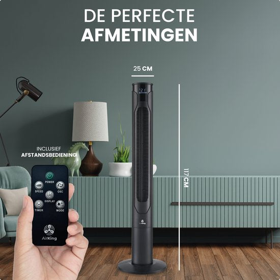 AirKing Torenventilator 117cm extra stille DC motor 12 standen met afstandsbediening - Ventilator Dimbaar LED scherm Zwart AKTN117BK-DC