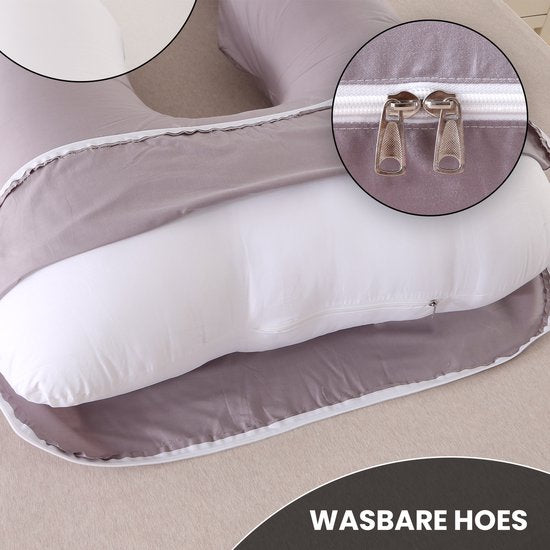 Oemmie Zwangerschapskussen - Voedingskussen - Zijslaapkussen - Lichaamskussen - Body Pillow - U-vorm - 140x80 cm - Grijs