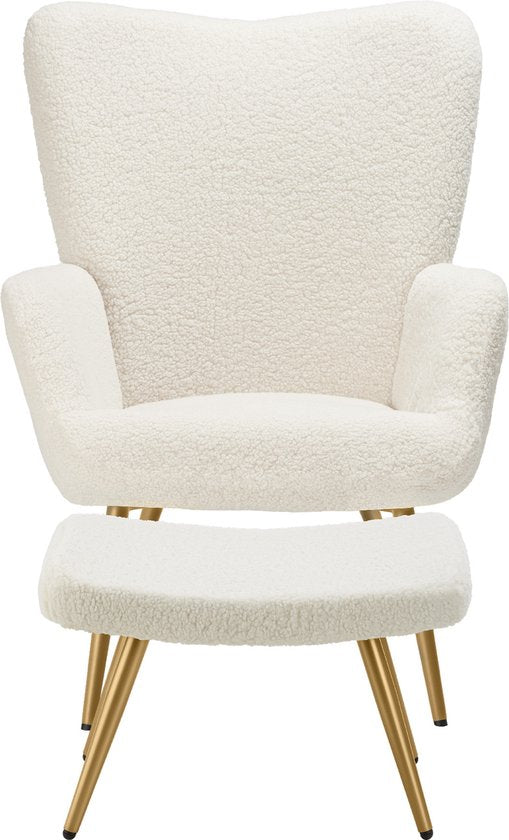 tectake® Oorfauteuil in Scandinavische stijl - Met hocker - Teddystoel Hygge - Stoel voor woonkamer, slaapkamer - Loungefauteuil - Goud metalen poten - Draagvermogen tot 150 kg - Crème