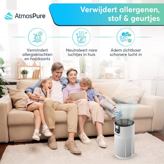 AtmosPure® CleanAir Luchtreiniger - Air Purifier met vervangbaar HEPA 13 + Koolstoffilter - CADR 250 m³/u - Wit - Voor 97 m² - Werkt tegen huisstofmijt, hooikoorts, allergieën, -3 standen + stille slaapstand - Luchtkwaliteit Sensor