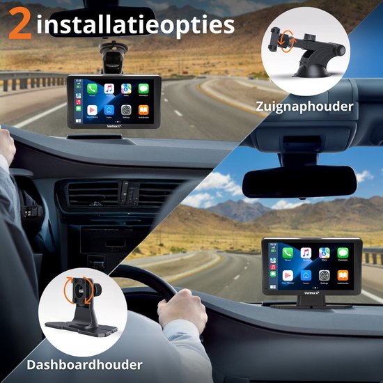 Vertrex Slimme Auto Display - Scherm Compatibel met Carplay en Android Auto - Car Play - Draadloos - 7-Inch - Touchscreen - Zwart