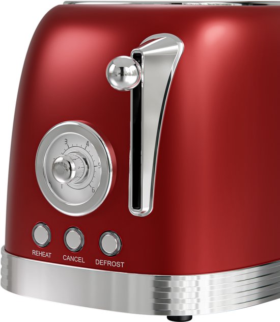 KitchenBrothers Retro Broodrooster - Toaster - 6 Warmteniveaus - 2 Extra Brede Sleuven - 815W - Rood