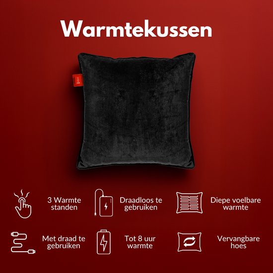 Coozie Oplaadbaar Warmtekussen – Draadloos & Bedraad – 45–65°C – Velvet – 45 x 45 cm – Zwart – Elektrisch Kussen – Incl. Powerbank – Tot 8 uur warmte