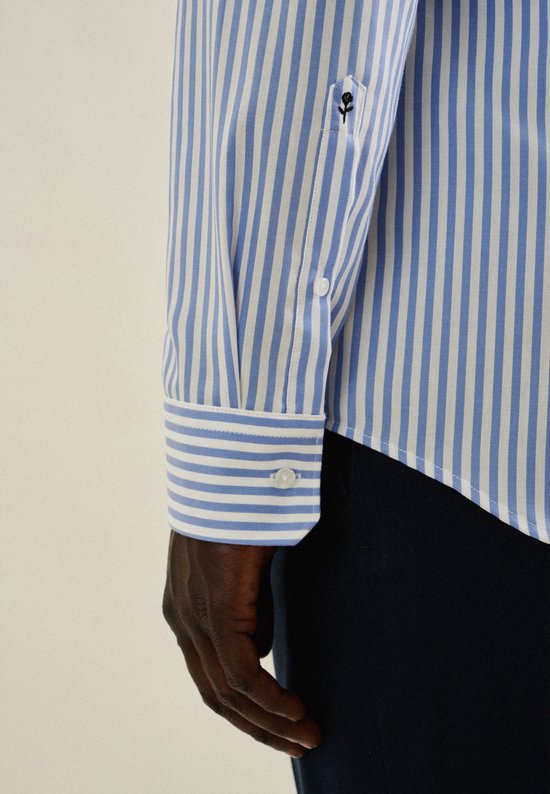 Seidensticker slim fit overhemd - mouwlengte 7 - popeline - blauw gestreept - Strijkvrij - Boordmaat: 41