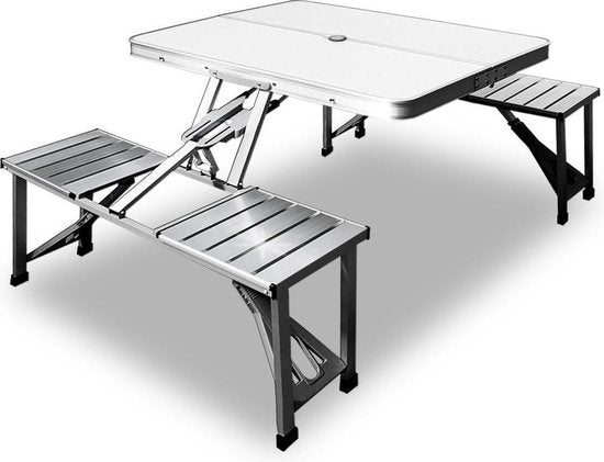 Picknick tafel Campingtafel - Blad van hout en zitting aluminium - voor 4 personen - Wit - 85,5 x 67,5 x 66cm