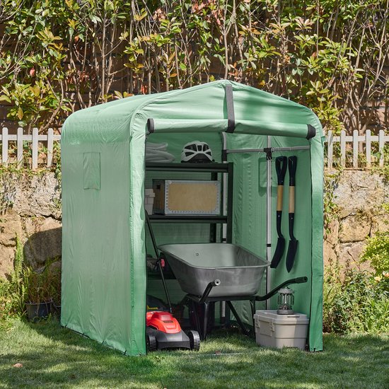 SoBuy KLS11-GR Tuinschuur, tuinhuis voor buiten, waterdicht, motorhuis met haken, garage voor fiets en gereedschap, fietsschuur, opslag en opslag, groen, 120 x 176 x 163 cm
