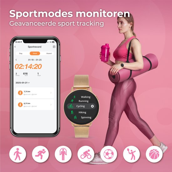 Nuvance - Smartwatch - Dames - 42mm - Bluetooth - Stappenteller - Hartslagmeter - GPS - Waterdicht - IOS/Android - Rosé Goud