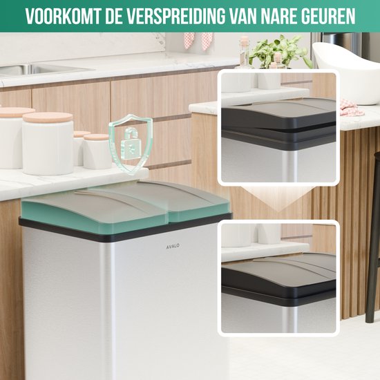 Avalo - Afvalscheiding Prullenbak met 2 vakken - 60 Liter - RVS - Zilver - 71x47x36 CM