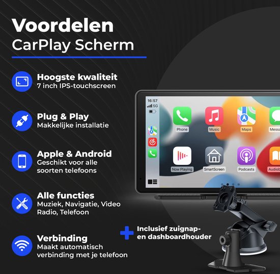 CarMe CarPlay Scherm 7 Inch - Apple CarPlay & Android Auto (Draadloos) - Touchscreen - Navigatiesysteem auto - Geschikt voor Apple CarPlay & Android Auto - Android Auto scherm