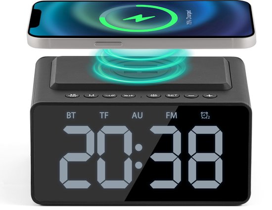 Digitale Wekker - met Radio, Bluetooth en Draadloze Oplader - Wekkerradio - Snooze Functie - Zwart - van Faas